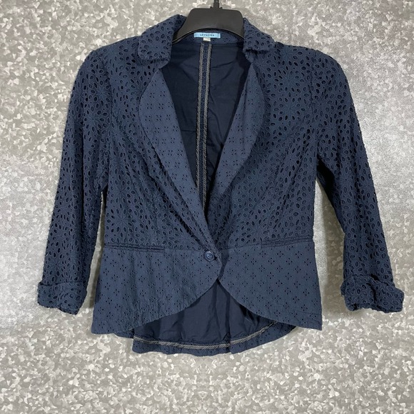 Anthropologie LeifNotes Navy Blue Eyelet Lace Blazer - Size 10 - Boho Jacket - Picture 2 of 7
